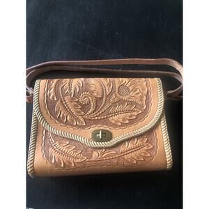 VTG Retro Hippie Embossed Hand Tooled Boho Floral Leather Purse Bag Not Supple